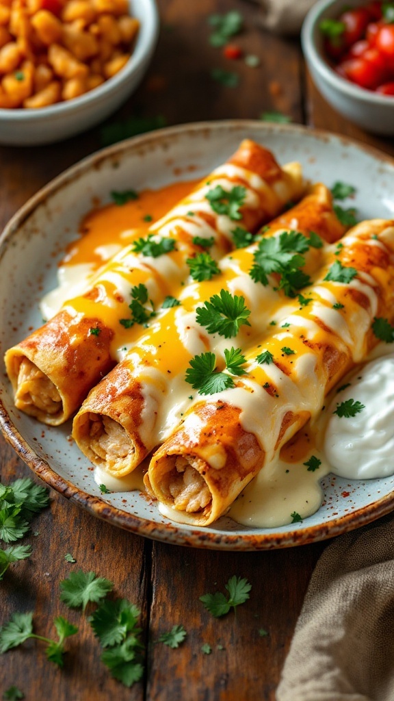 Savory chicken enchiladas topped with creamy sauce and cheese, garnished with cilantro, on a rustic table.